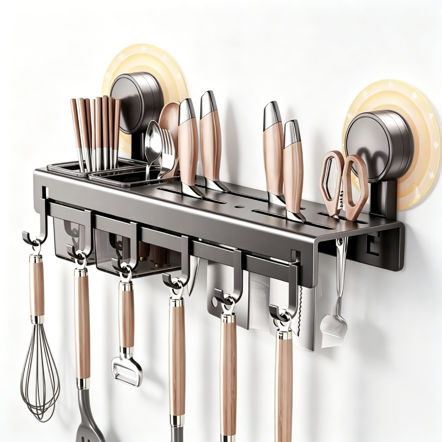 Double Suction Cup Kitchen Organizer with Chopstick Holder, Knife Rack and 6 Hooks