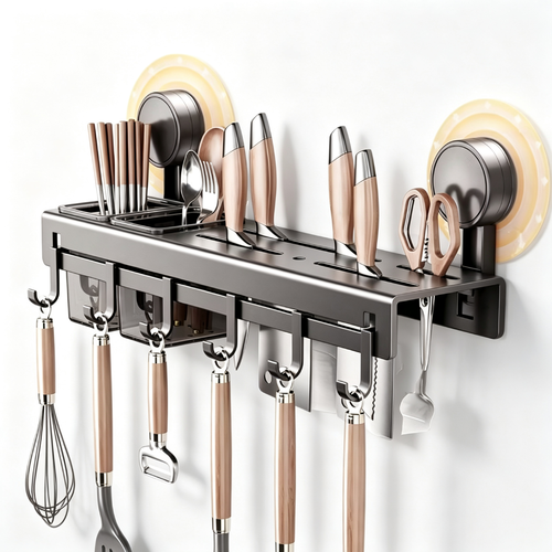 Double Suction Cup Kitchen Organizer with Chopstick Holder, Knife Rack and 6 Hooks