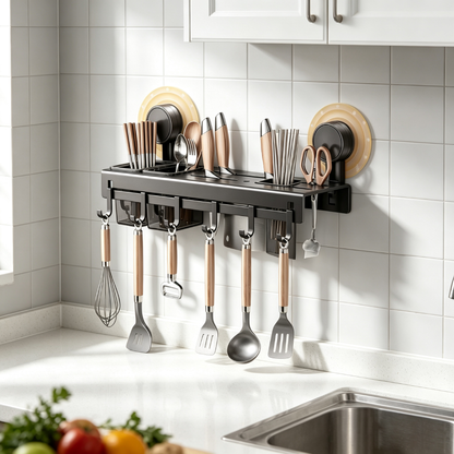Double Suction Cup Kitchen Organizer with Chopstick Holder, Knife Rack and 6 Hooks