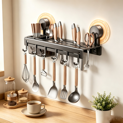 Double Suction Cup Kitchen Organizer with Chopstick Holder, Knife Rack and 6 Hooks